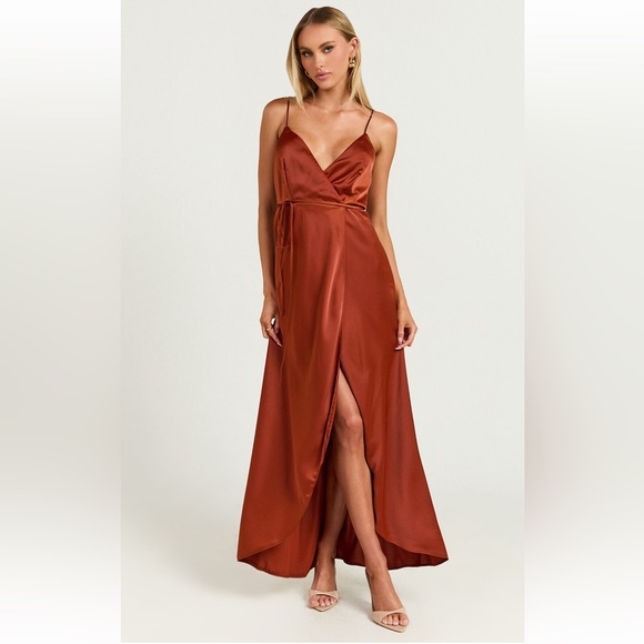 Satin copper wrap dress - Picture 2 of 7